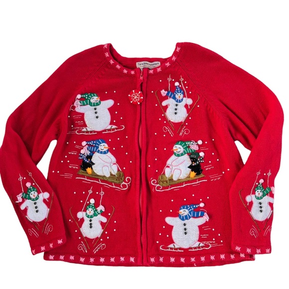 Vintage Tiara International Christmas Collection Red Zippered Cardigan Snowmen - Picture 1 of 7